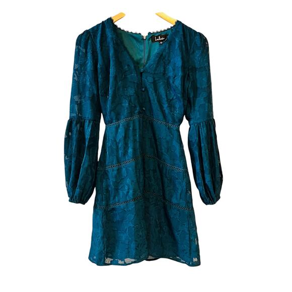 Lulus Sapphire Away Lace Burn Out Long Sleeve Dress Size XS Teal - Picture 2 of 9